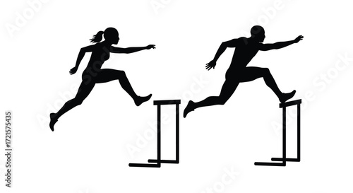 Silhouettes of a man and woman running and jumping hurdles