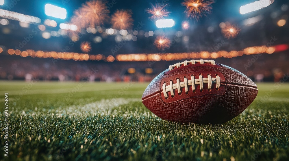 Obraz premium Football on the field at night under stadium lights with fireworks in the background at a sporting event