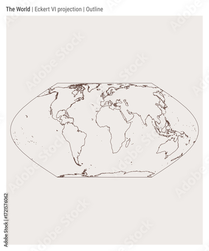 World Map. Eckert VI projection. Outline style. High Detail World map for infographics, education, reports, presentations. Vector illustration.