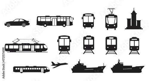 Black silhouettes depicting various modes of transportation cars trains planes and ships