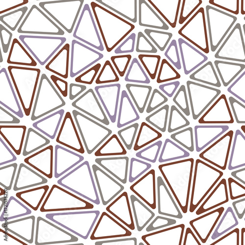 Pattern of triangle shapes. Medium triangles size. Multiple colors style. Rounded triangular cells outlined. Repeatable pattern. Earthen Neutrals. Amazing vector tiles. Seamless vector illustration.
