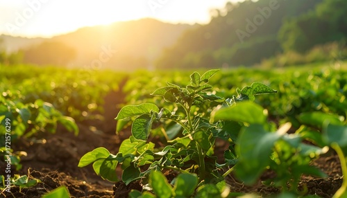 Lush potato plants at sunset
