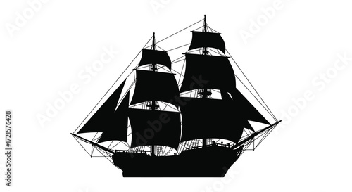 Elegant silhouette of a classic sailing ship with tall masts and sails