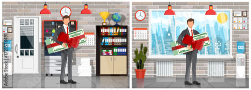 Man holding stack of money with a red bow. Employee bonus or financial gift. Modern office interior background.