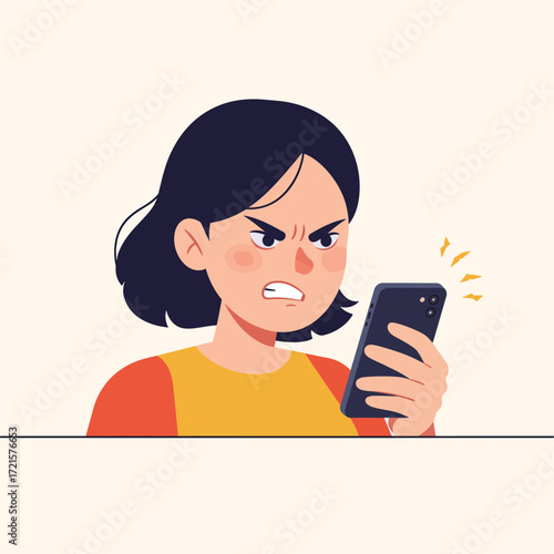 Young angry woman character in flat design on white background