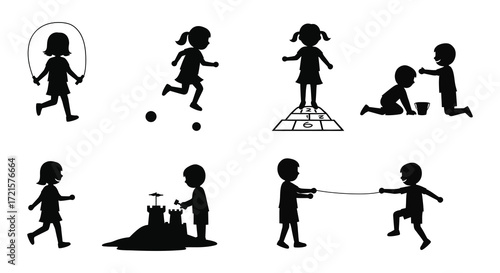 Children enjoying a variety of outdoor play activities in silhouette form