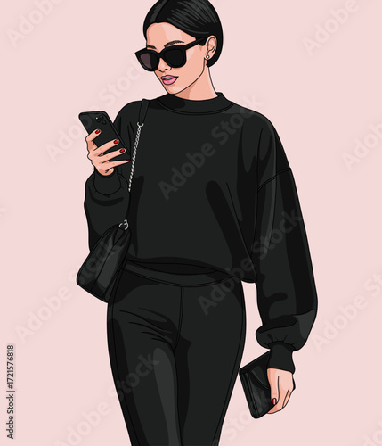 Closeup Portrait of  Young Brunette Woman in Black Outfit Walking and Typing on Mobile Phone, Isolated on Pastel Pink Background. Lifestyle Communication Technology Concept with Copy Space