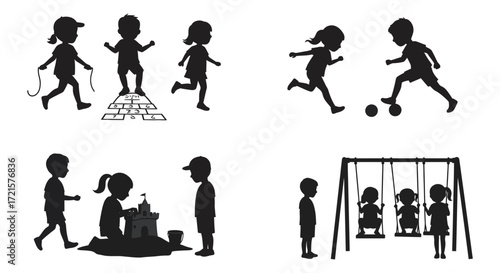 Silhouettes of children playing running and enjoying outdoor activities together