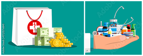 Pharmacy bag with money and man hand holding medical supplies. Health insurance, pharmacy, and medical care cost or payment concept.