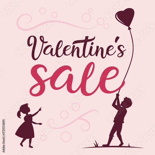 Valentine s Day Sale Illustration with Children and Heart Balloon on Pink Background