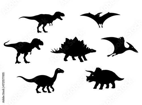 Diverse Dinosaur Silhouettes Prehistoric Creatures in Black and White Illustration Set