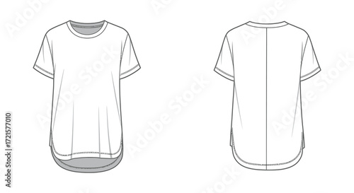Technical fashion illustration of a loose fit white t shirt front and back