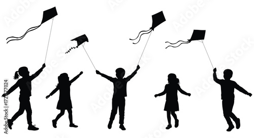 Children joyfully flying colorful kites against a bright white background