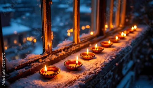A photorealistic image of a row of identical brass diyas on a windowsill on a rainy night, some lit, some unlit, with the blurred cityscape reflecting in the wet glass in the background