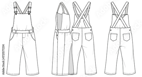 Technical fashion illustration of overall design in three different views