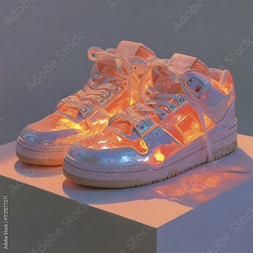 Illuminated high top sneakers glowing with warm light isolated on white background