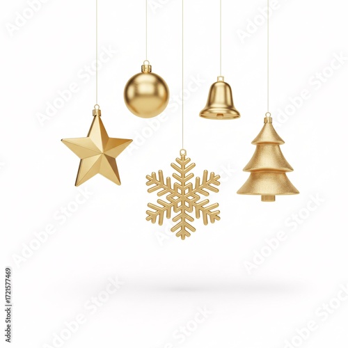 Golden Christmas hanging decorations in the shape of a star, bauble, bell and a Christmas tree