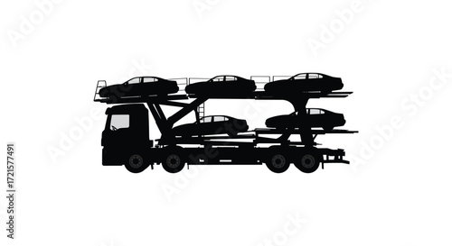 Silhouetted car carrier truck transporting multiple vehicles on a white background