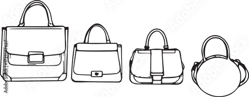 Black and white handbag vector set with structured, rounded, and circular designs in minimalist fashion style