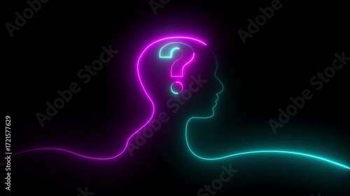 Bright glowing neon line illustration of a human head with a question mark inside, symbolizing thinking, ideas, and problem-solving.
