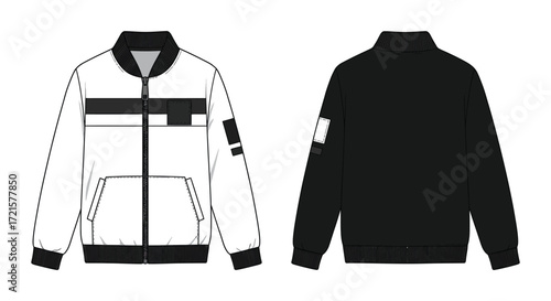 Technical illustration of a modern black and white jacket design