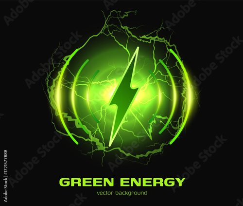 Neon green battery charger symbol with lightning sign with circle stripes and electric discharges.