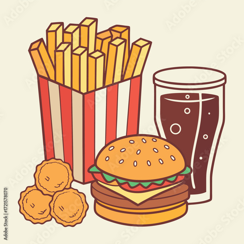 Vector art of a delicious cartoon illustration of a burger, fries, chicken nuggets, and a soda, perfect for fast food and casual dining themes