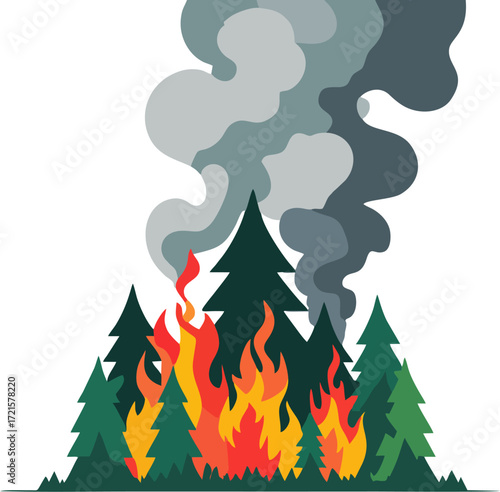 Minimalist Vector Illustration of Wildfire Burning Green Pine Trees with Dark Smoke – Modern Environmental Disaster and Climate Change Concept Art