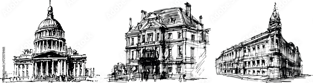 Fototapeta premium Architectural hand drawn sketches of historic city buildings. Vector sketch silhouette of retro buildings