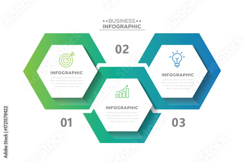 Modern infographic template design with 3 steps. Business hexagon template with options for process diagram, workflow, timeline, web design.