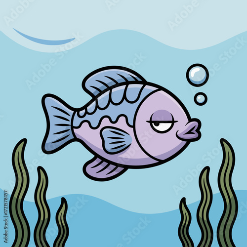 Underwater scene fish navigating seaweed with bubbles. Perfect for aquatic designs, marine life concepts, and nature themes. Suitable for posters, websites, and educational materials.