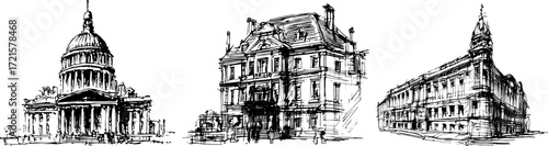 Architectural hand drawn sketches of historic city buildings. Vector sketch silhouette of retro buildings