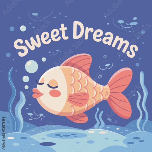 Cute fish with sweet dreams above. Perfect for childrens books, posters, and social media posts. Colorful and whimsical design.