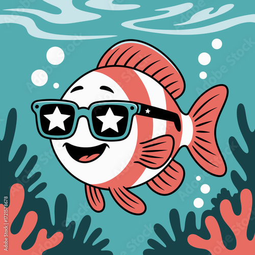 Cool fish with sunglasses swimming amidst plants and bubbles underwater. Suitable for summerthemed designs, aquarium advertisements, and tropical concepts.