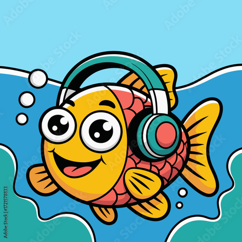 Happy cartoon fish with headphones in blue water is perfect for kids designs or musicrelated projects. Childrens book, website, blog, social media, flyer, poster, album cover, merchandise, educational