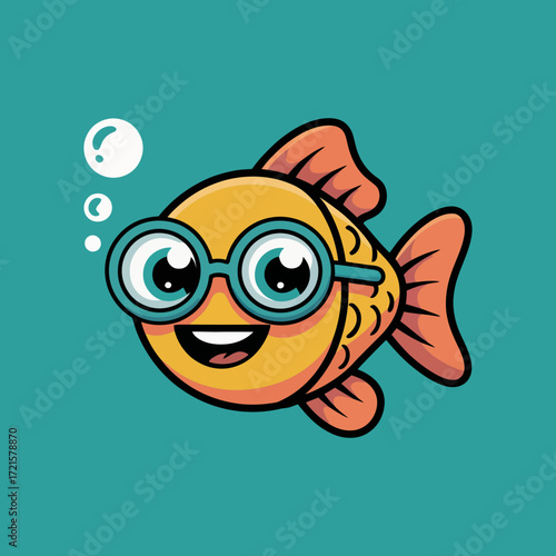 Cute goldfish with glasses and bubbles, perfect for educational materials, social media posts, and childrens products for a playful touch.