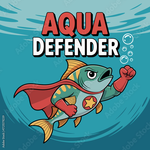 Superhero fish with determined expression and cape underwater suitable for childrens books, posters, and superherothemed designs. Great for kids products.