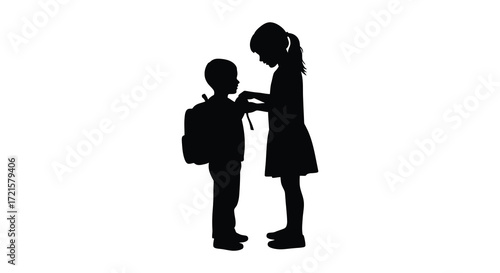 Silhouette of a girl adjusting a boy s backpack before school