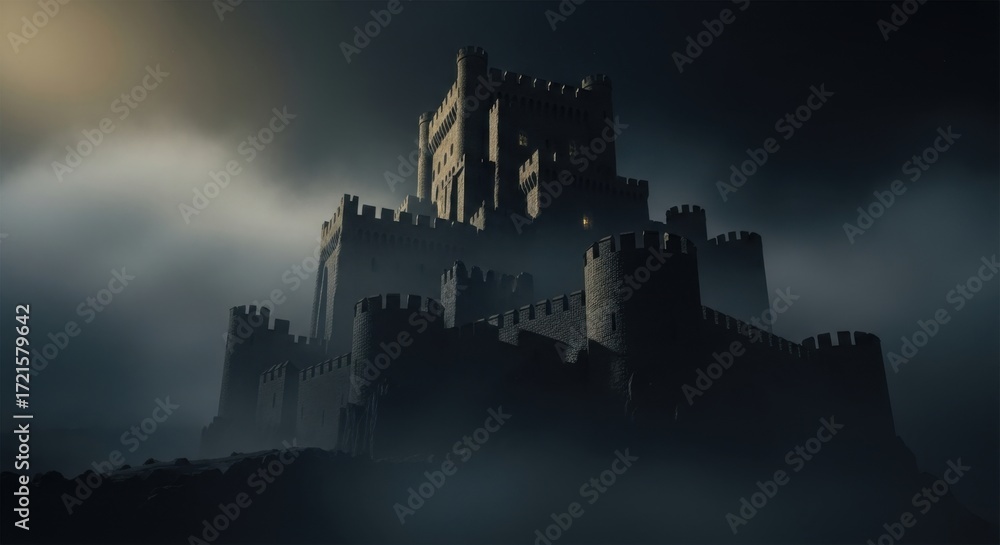 Fototapeta premium Dark Medieval Castle on Hilltop Under Stormy Sky with Fog