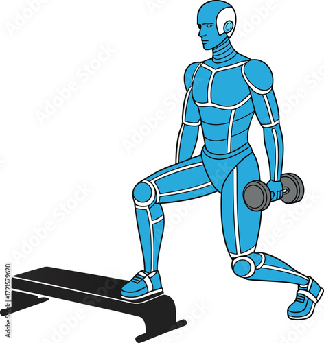 Vector art of blue robot performing a lunge exercise with a dumbbell