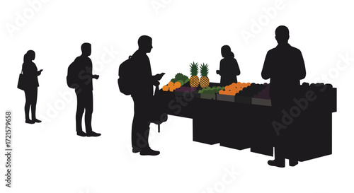 People queuing at a fruit and vegetable market stall illustration
