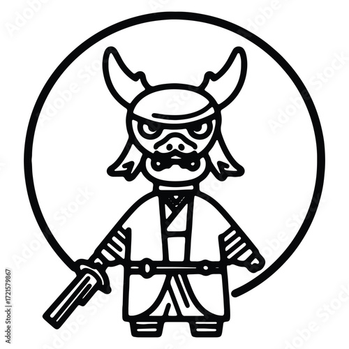 Cartoon Samurai warrior outline icon in black and white design
