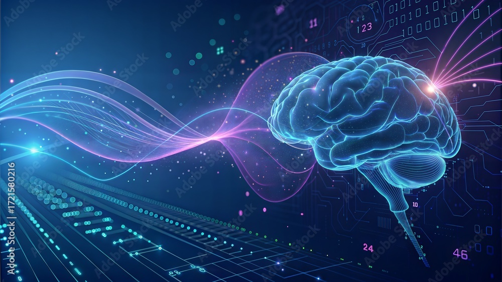 Naklejka premium Digital representation of a brain overlaid on a circuit board, suggesting the intersection of technology and the human mind.