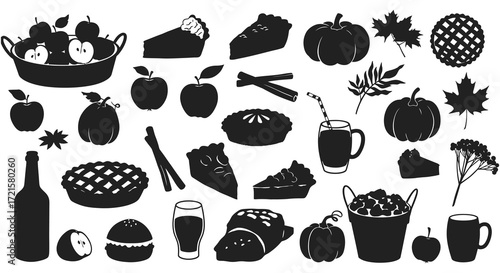Fall harvest collection featuring apples pumpkins pie and autumn leaves