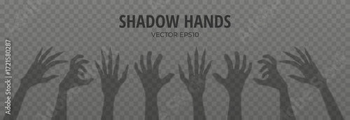 Scary zombie hands reaching up vector illustration, shadow of Halloween monster corpse arm, Walking dead gray silhouette