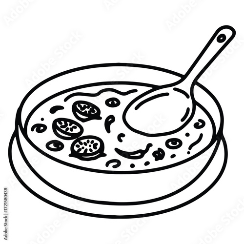 Detailed line drawing of a bowl of soup with spoon