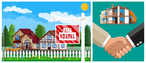 Real estate scene with suburban houses, for sale sign, and a handshake in flat vector illustration.