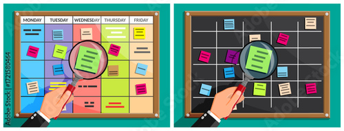 Man looking at weekly calendar and task board with magnifying glass. Time management and planning concept. Project organization.