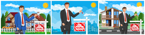 Man real estate broker standing holding key and briefcase. House for sale. Construction and property concept.