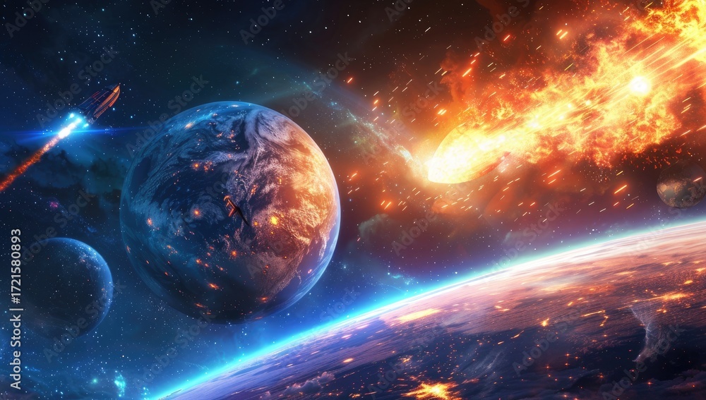 Obraz premium A fiery meteor hurtles toward Earth, illuminating the planet and a nearby satellite in a dramatic cosmic scene. The impact seems imminent